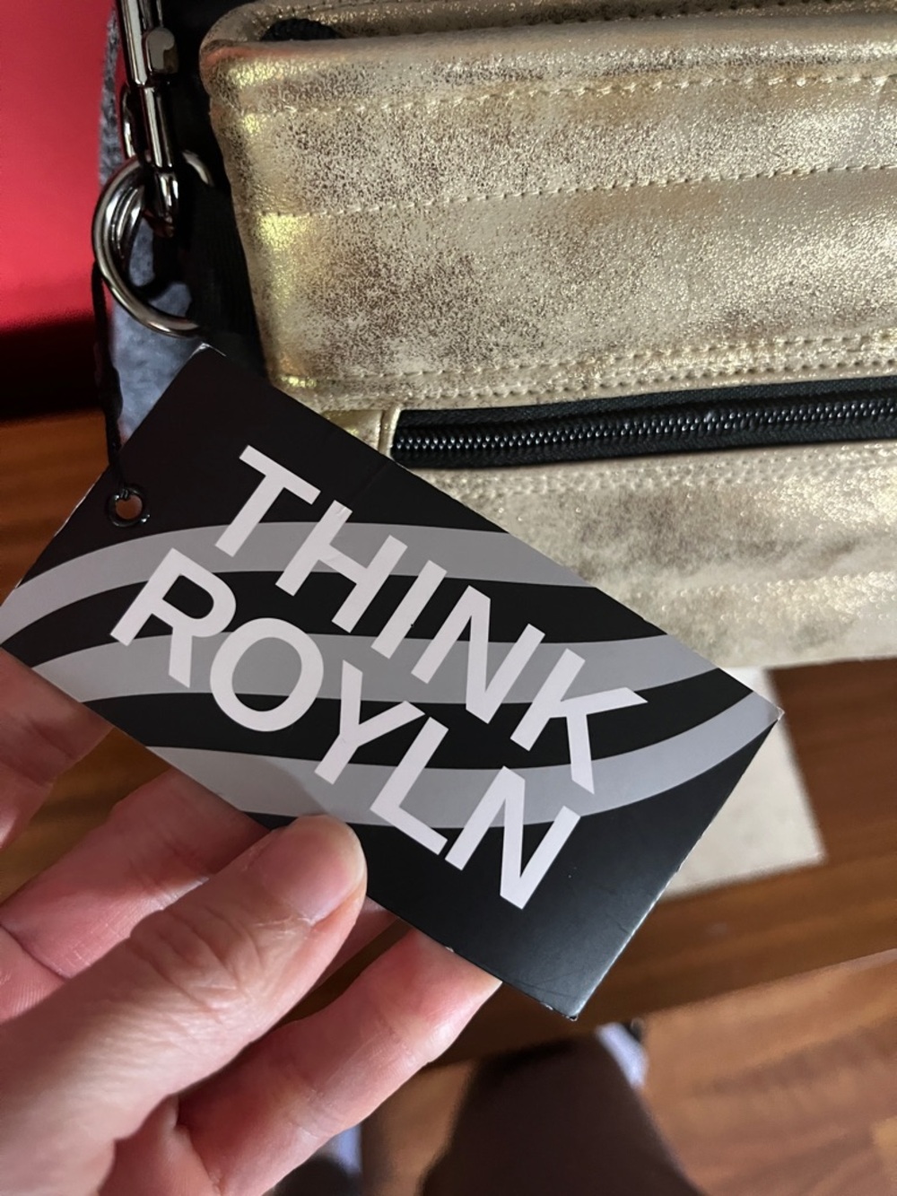 New Think Royln Gold and Black Crossbody Bag with Striped Guitar Strap - Picture 2 of 16